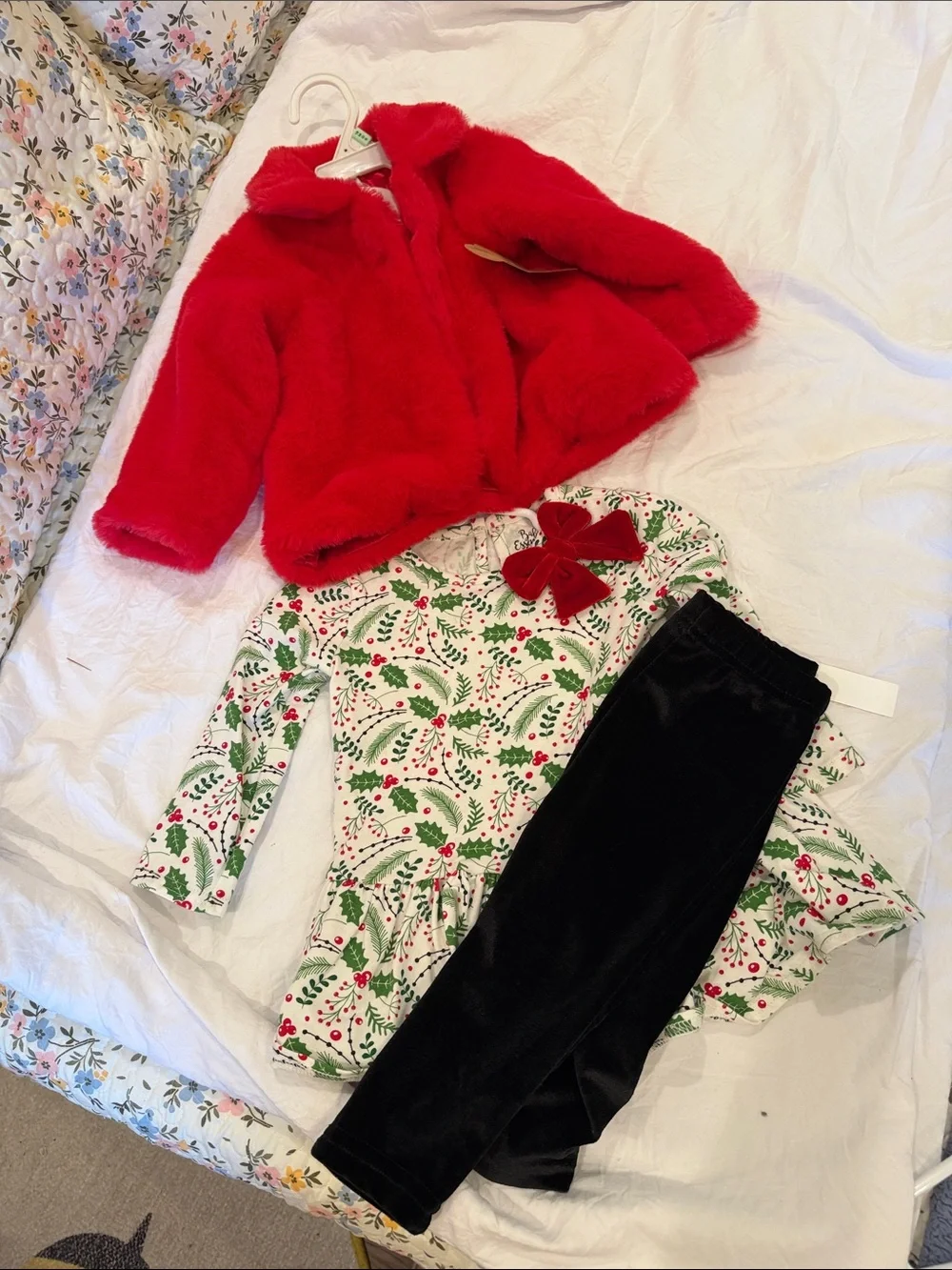 Baby Essentials White Holiday Holly Dress with Red Bow & Black Velvet Leggings